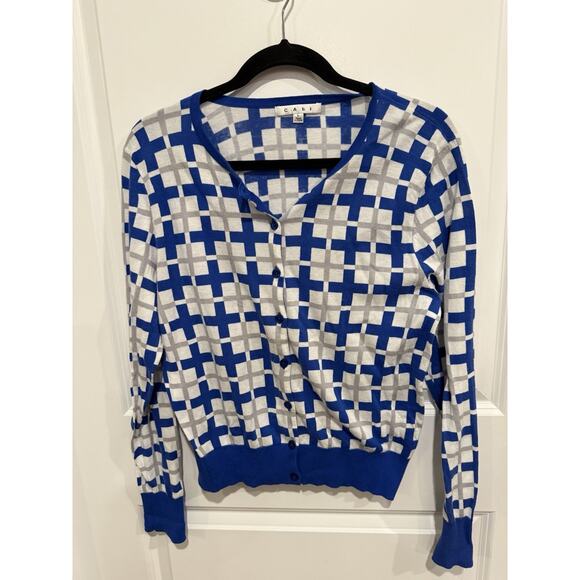 CAbi Sweaters - Cabi Blue Grey Plaid Cardigan Sweater Size Large Frame Pattern Preppy Academia